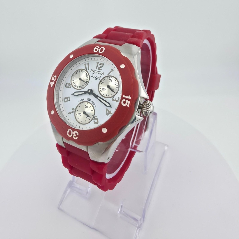 INVICTA 'Angel' Ladies Watch Diver Unidirectional Bezel Red Silicone Band 8"